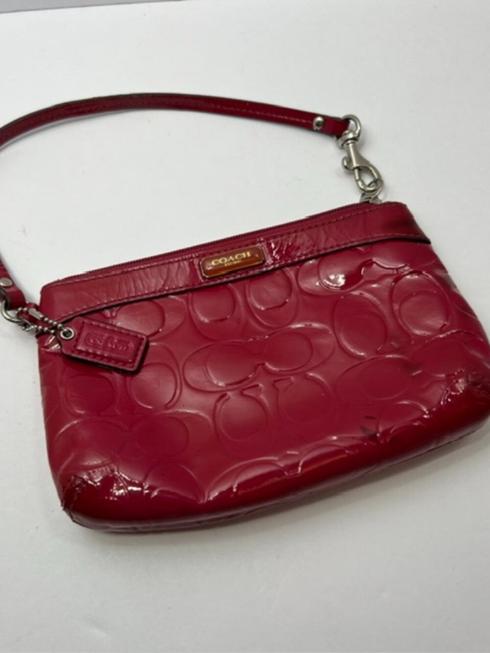 Coach Wristlet Glossy Red Embossed Signature C Patent Leather Silver Hardware